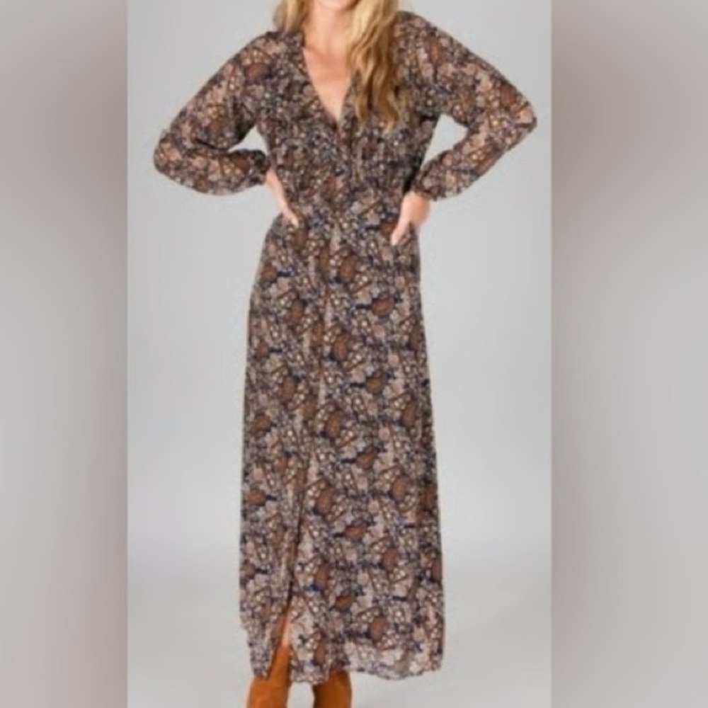 Natural Life Floral Paisley Bishop Sleeve VNeck Tie Waist Button Down Maxi Dress